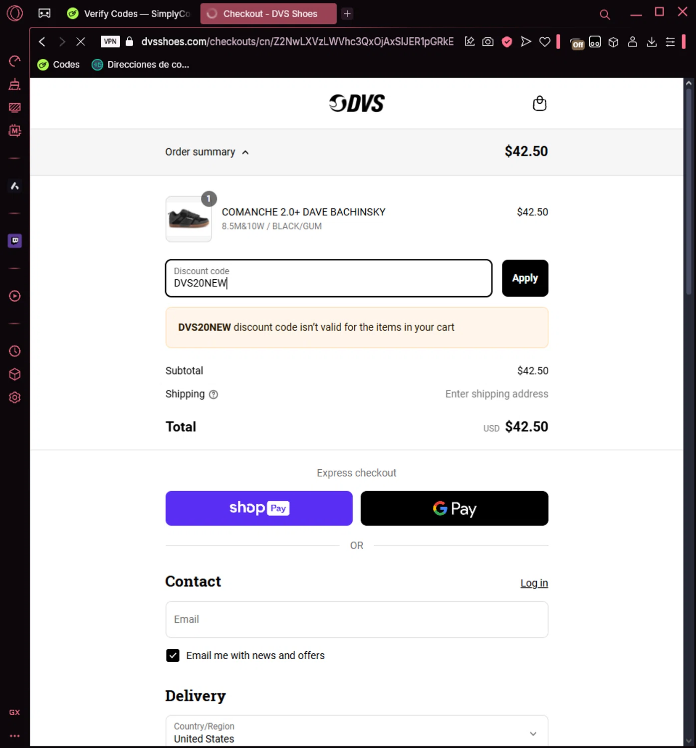 DVS Shoes coupon code screenshot showing code DVS20NEW applied at DVS Shoes checkout page. Uploaded by SimplyCodes community member Veigarwaton on Apr 9, 2025