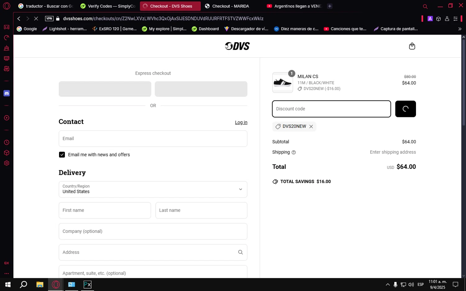 DVS Shoes coupon code screenshot showing code DVS20NEW applied at DVS Shoes checkout page. Uploaded by SimplyCodes community member PrimeVirtuoso9679 on Apr 9, 2025
