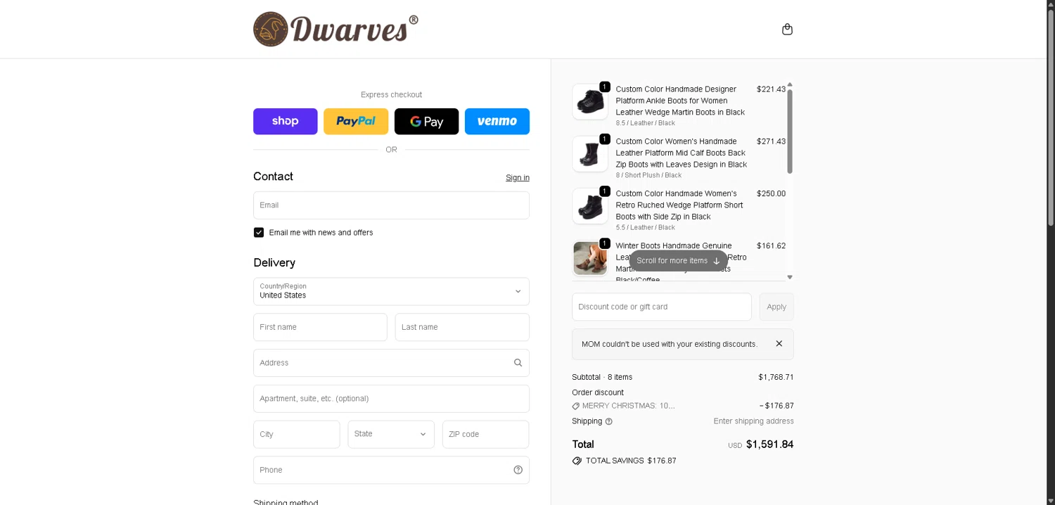 DwarvesShoes promo code screenshot showing code MOM applied at DwarvesShoes checkout page. Uploaded by SimplyCodes community member CleverLynx8583 on Dec 30, 2025