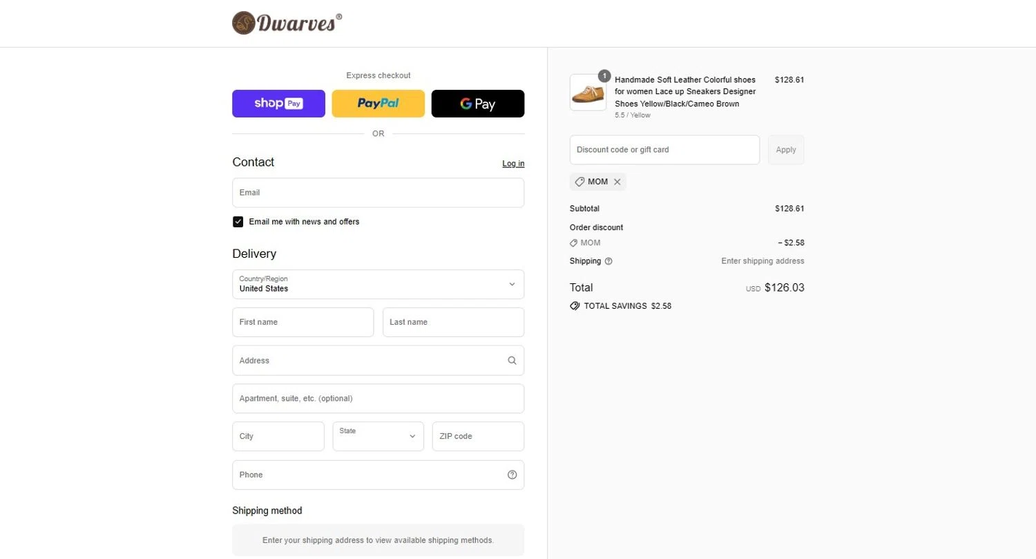 DwarvesShoes promo code screenshot showing code MOM applied at DwarvesShoes checkout page. Uploaded by SimplyCodes community member PennyScholar167 on Jul 11, 2025