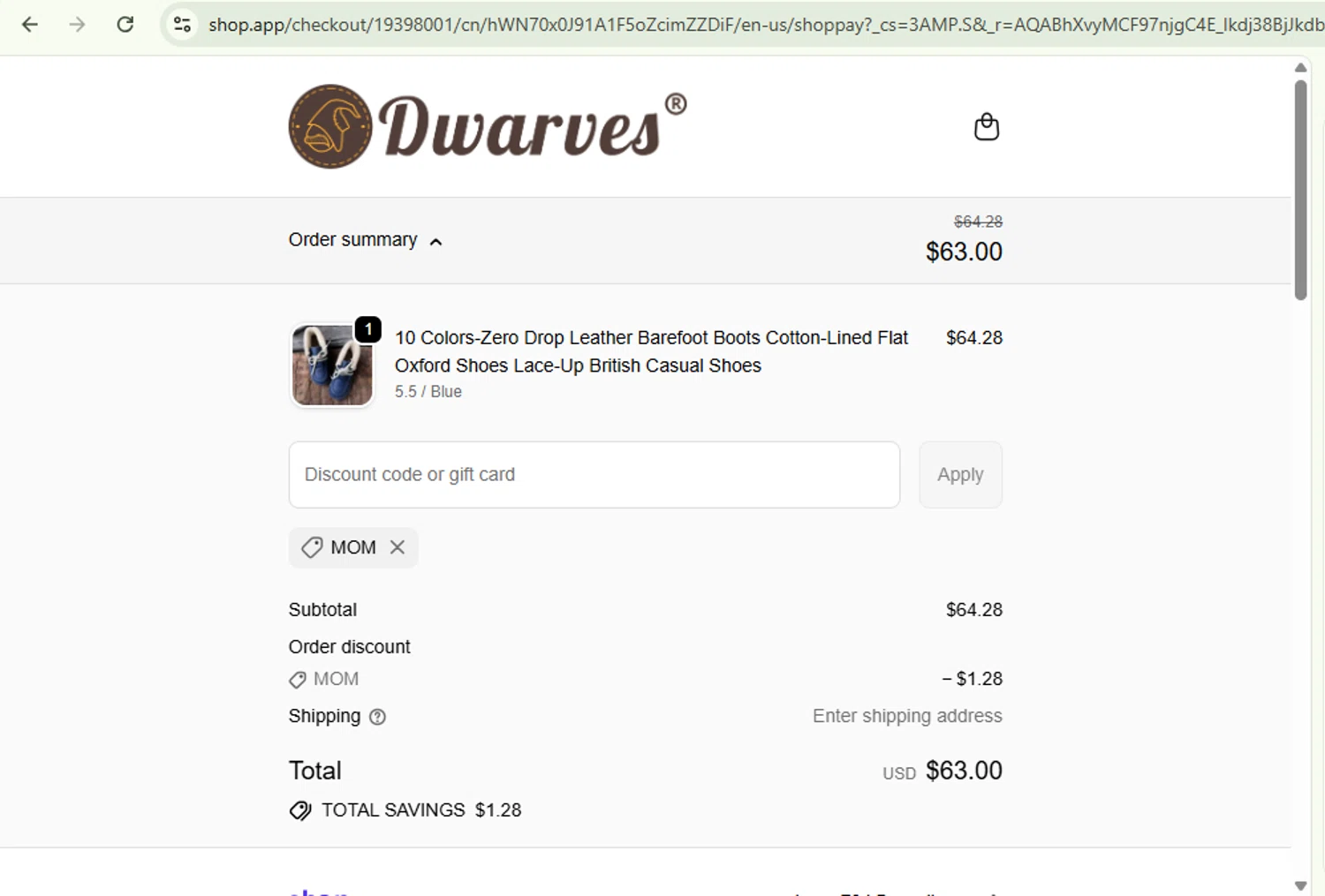 DwarvesShoes promo code screenshot showing code MOM applied at DwarvesShoes checkout page. Uploaded by SimplyCodes community member SaleSentinel7319 on Dec 30, 2025