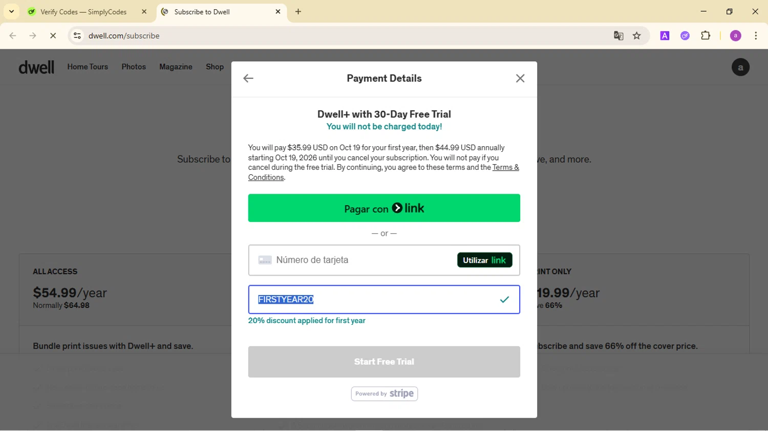 Dwell promo code screenshot showing code FIRSTYEAR20 applied at Dwell checkout page. Uploaded by SimplyCodes community member CodeMaverick246 on Sep 19, 2025