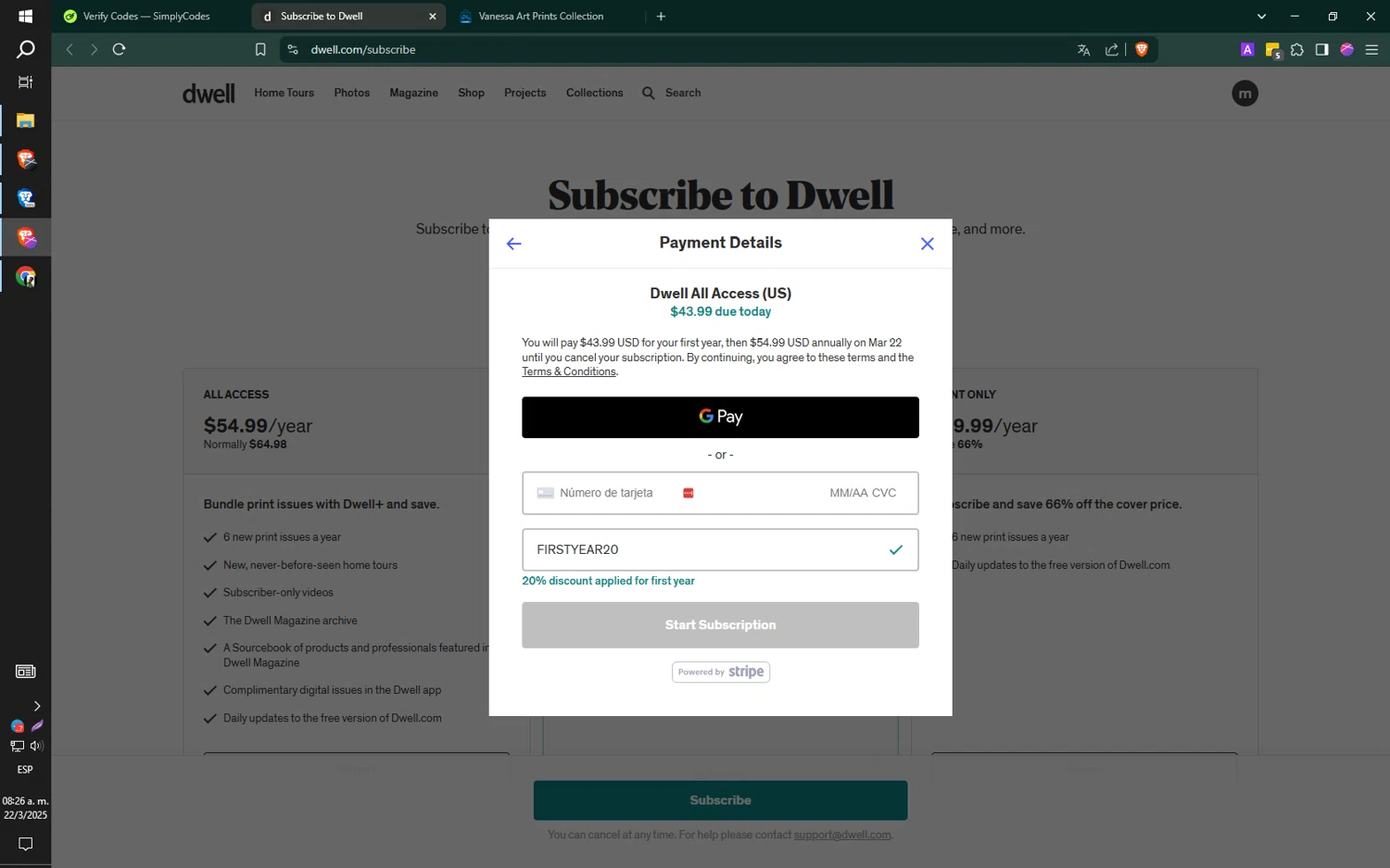 Dwell promo code screenshot showing code FIRSTYEAR20 applied at Dwell checkout page. Uploaded by SimplyCodes community member jMoya06 on Mar 22, 2025
