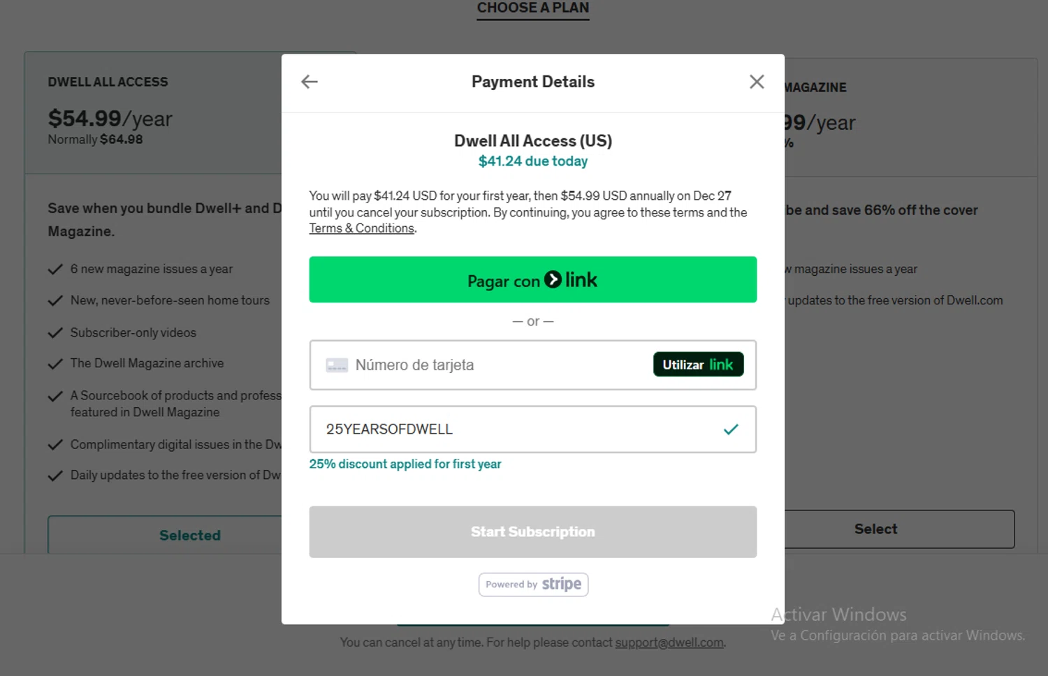 Dwell promo code screenshot showing code 25YEARSOFDWELL applied at Dwell checkout page. Uploaded by SimplyCodes community member Gary_23 on Dec 27, 2025