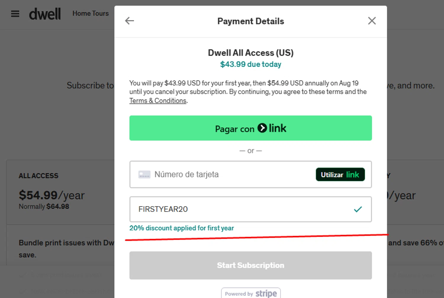 Dwell promo code screenshot showing code FIRSTYEAR20 applied at Dwell checkout page. Uploaded by SimplyCodes community member paola49520 on Aug 20, 2025