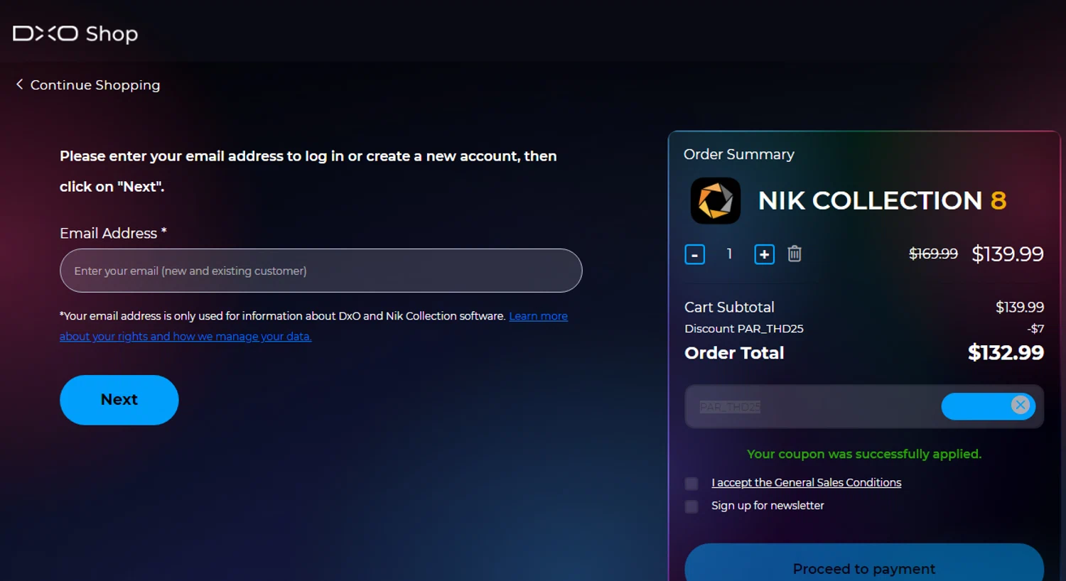 DxO promo code screenshot showing code PAR_THD25 applied at DxO checkout page. Uploaded by SimplyCodes community member CleverAdmiral7613 on Nov 28, 2025
