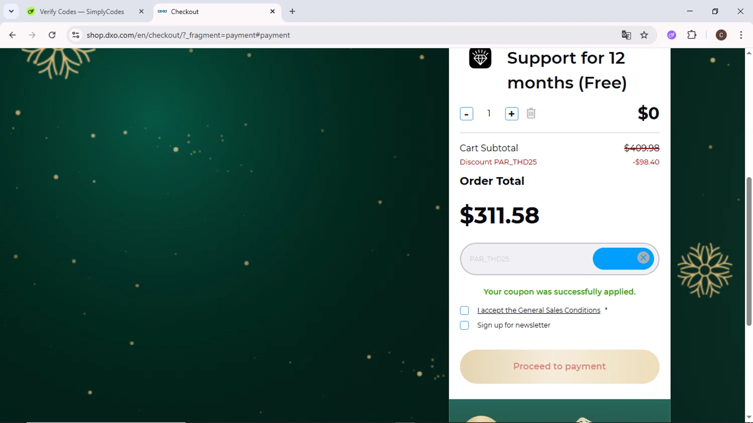 DxO promo code screenshot showing code PAR_THD25 applied at DxO checkout page. Uploaded by SimplyCodes community member MoneyPilot9634 on Dec 6, 2025