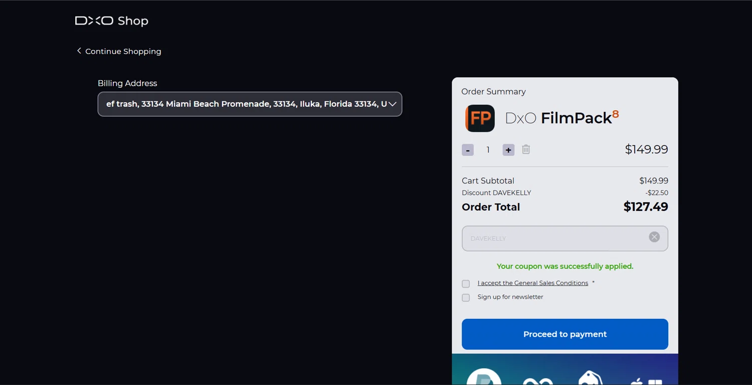 DxO promo code screenshot showing code DAVEKELLY applied at DxO checkout page. Uploaded by SimplyCodes community member ArthurMorgan on Oct 31, 2025