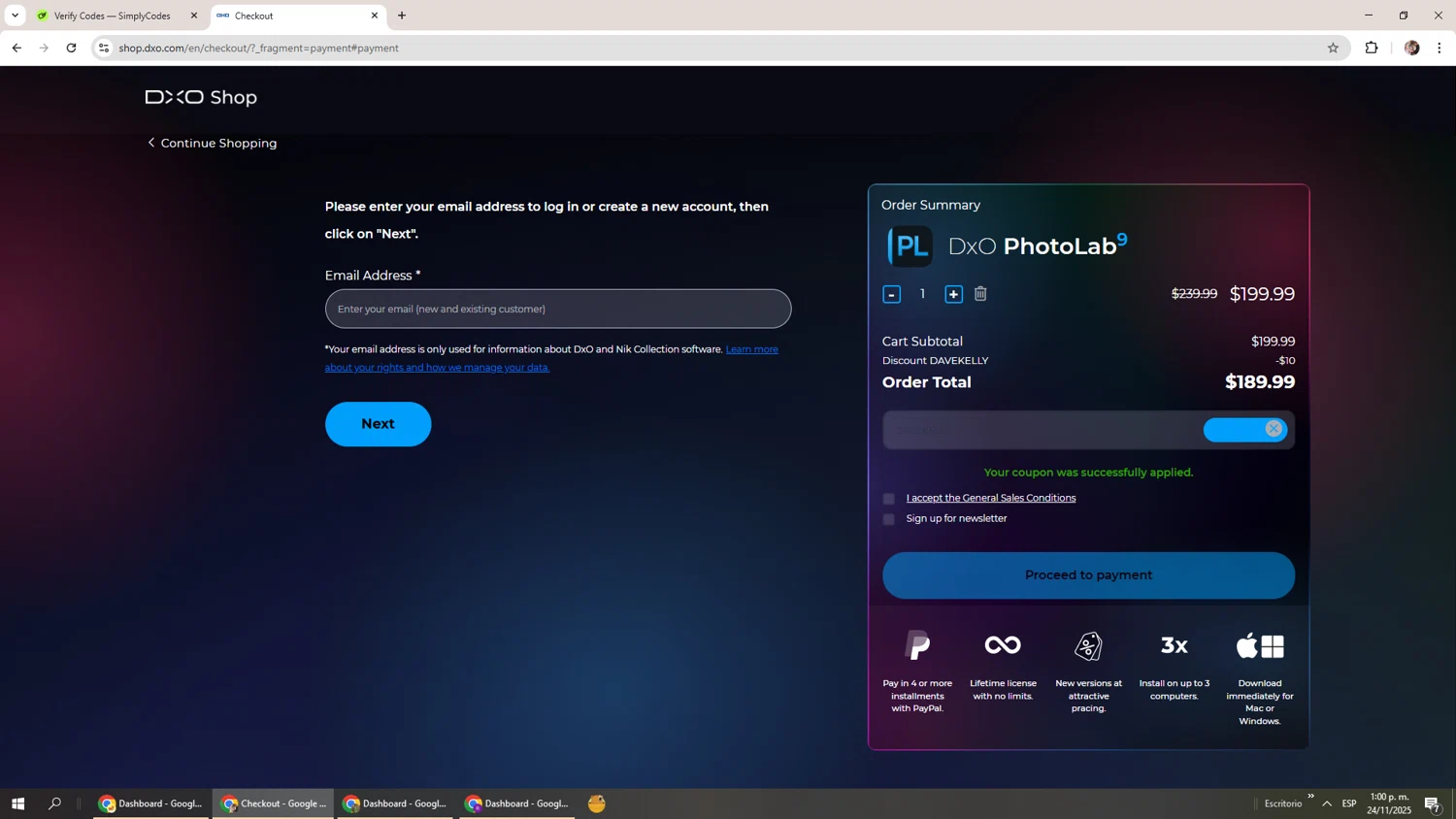 DxO promo code screenshot showing code DAVEKELLY applied at DxO checkout page. Uploaded by SimplyCodes community member Levi_Ackerman on Nov 24, 2025