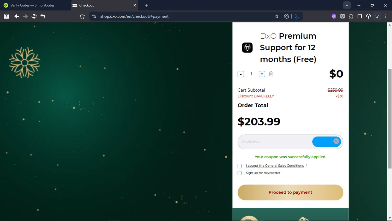 DxO promo code screenshot showing code DAVEKELLY applied at DxO checkout page. Uploaded by SimplyCodes community member USER_RANDON on Dec 23, 2025