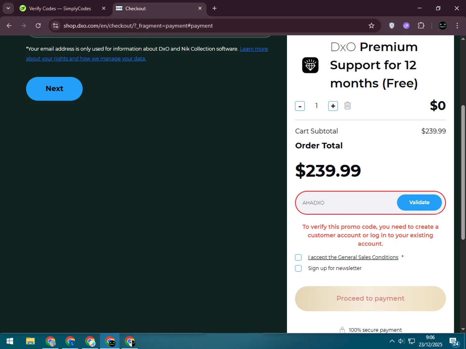 DxO promo code screenshot showing code AHADXO applied at DxO checkout page. Uploaded by SimplyCodes community member BargainWizard5755 on Dec 23, 2025