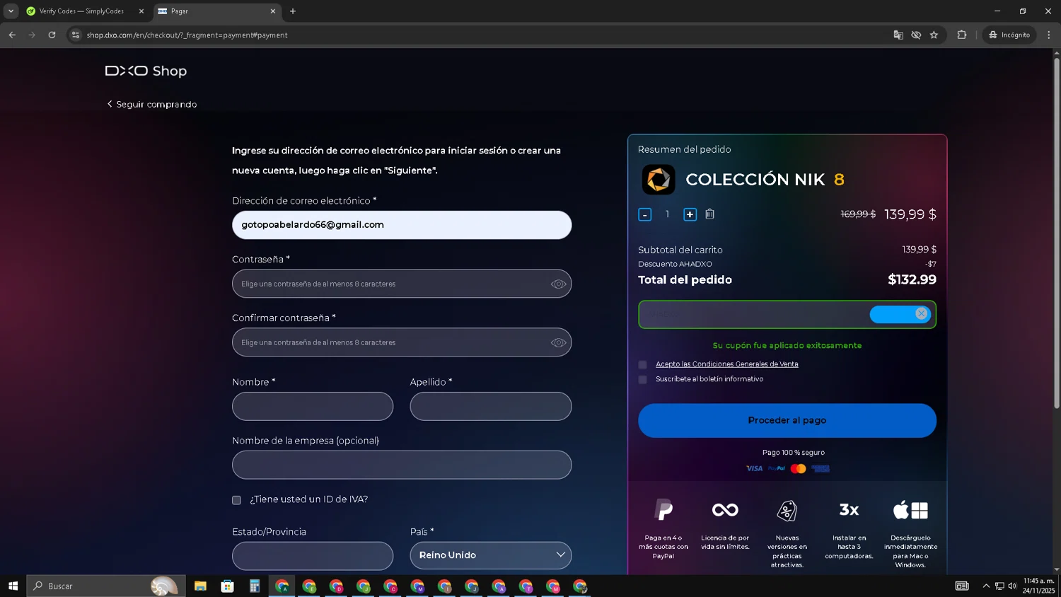 DxO promo code screenshot showing code AHADXO applied at DxO checkout page. Uploaded by SimplyCodes community member HAOJIN on Nov 24, 2025