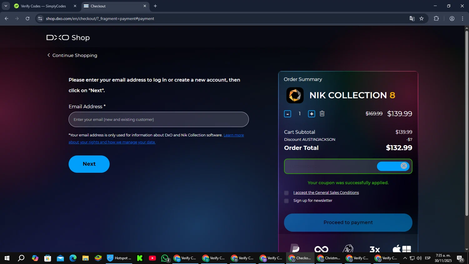 DxO promo code screenshot showing code AUSTINJACKSON applied at DxO checkout page. Uploaded by SimplyCodes community member SmartMaverick5327 on Nov 30, 2025