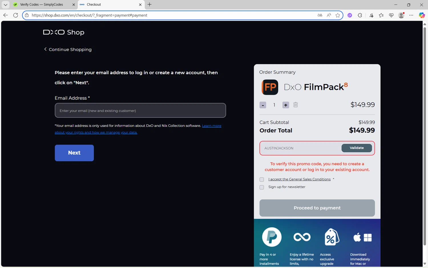 DxO promo code screenshot showing code AUSTINJACKSON applied at DxO checkout page. Uploaded by SimplyCodes community member Yuyu12 on Oct 31, 2025