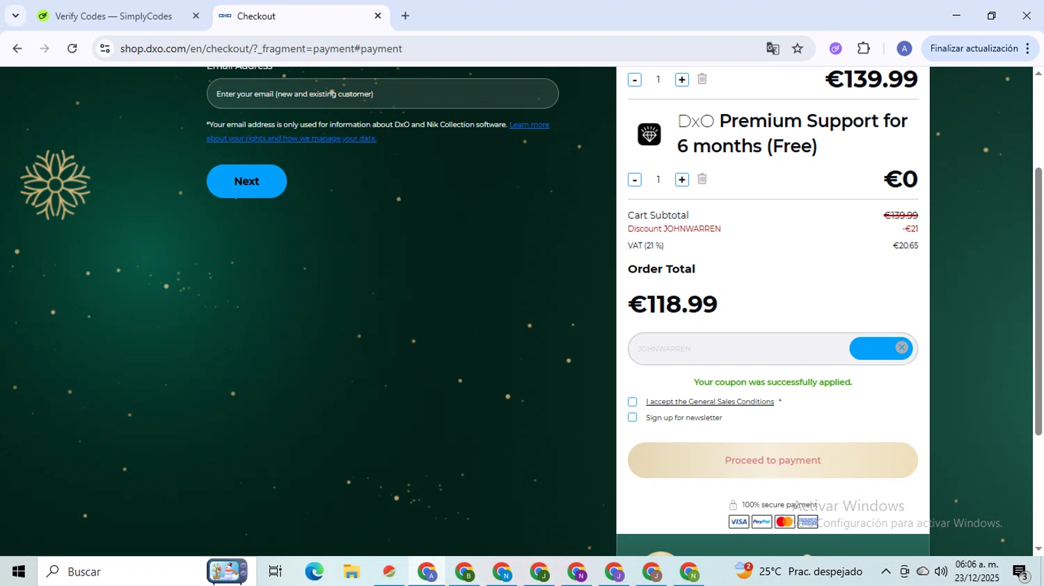 DxO promo code screenshot showing code JOHNWARREN applied at DxO checkout page. Uploaded by SimplyCodes community member TreasureCaptain5531 on Dec 23, 2025