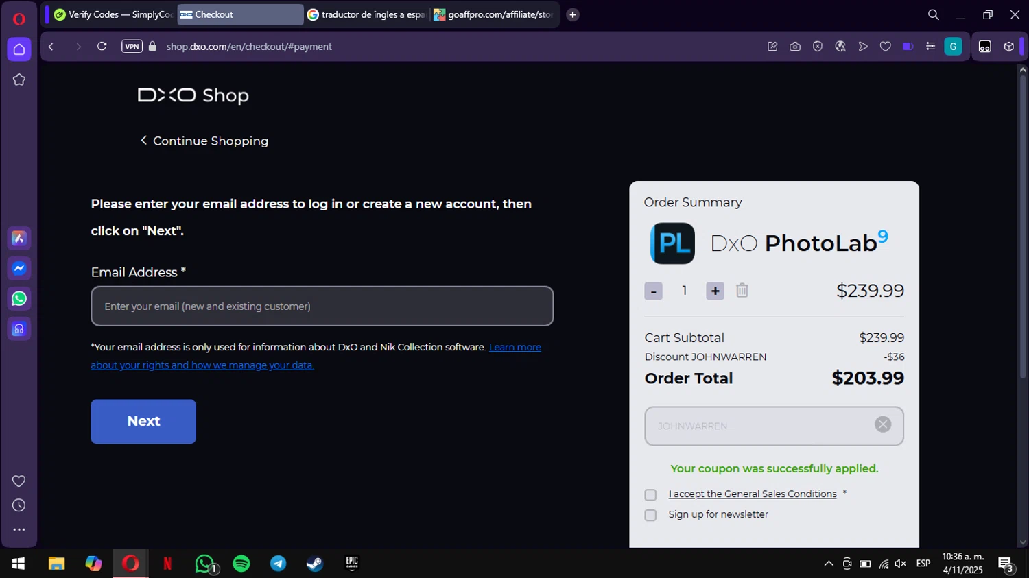 DxO promo code screenshot showing code JOHNWARREN applied at DxO checkout page. Uploaded by SimplyCodes community member ValiantWarden3907 on Nov 4, 2025