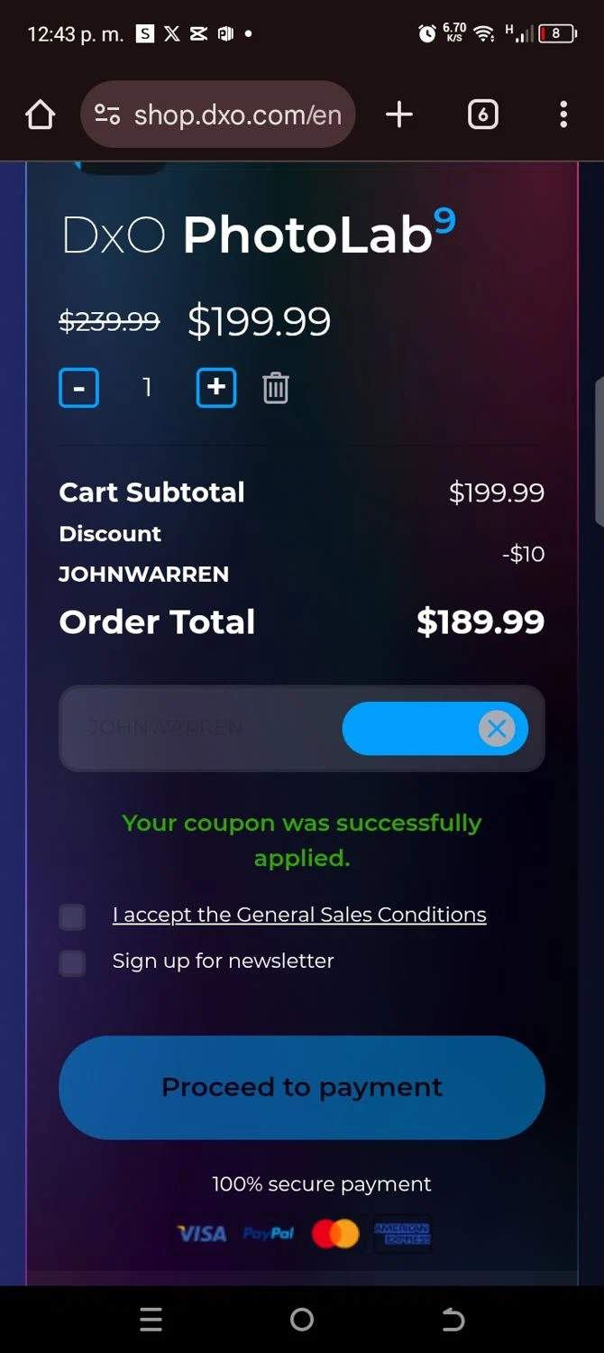 DxO promo code screenshot showing code JOHNWARREN applied at DxO checkout page. Uploaded by SimplyCodes community member kellymoreno on Nov 24, 2025