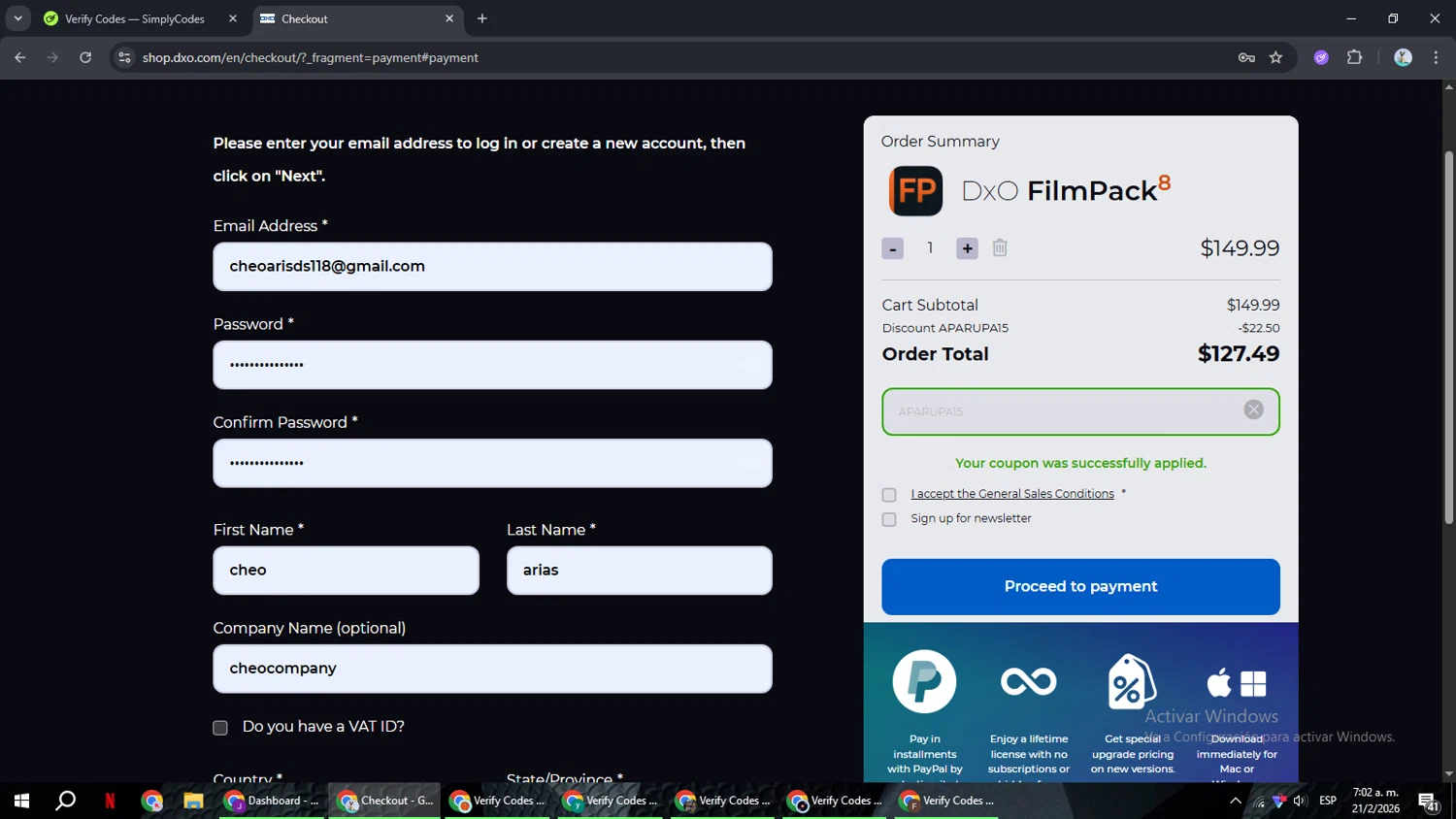 DxO promo code screenshot showing code APARUPA15 applied at DxO checkout page. Uploaded by SimplyCodes community member ShrewdSeeker6165 on Feb 21, 2026