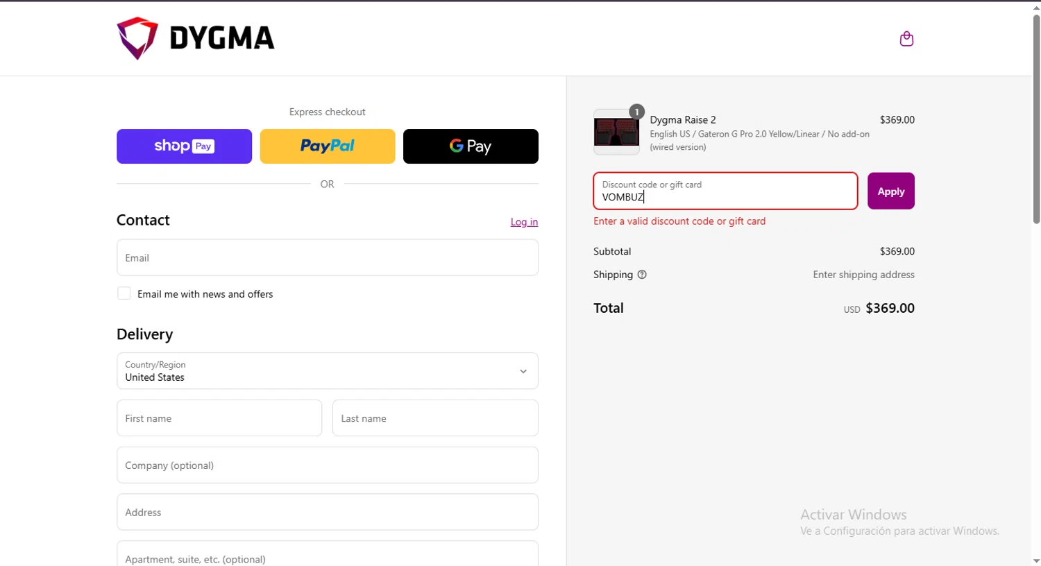 Dygma discount code screenshot showing code VOMBUZ applied at Dygma checkout page. Uploaded by SimplyCodes community member FortunateElite5130 on Mar 23, 2025