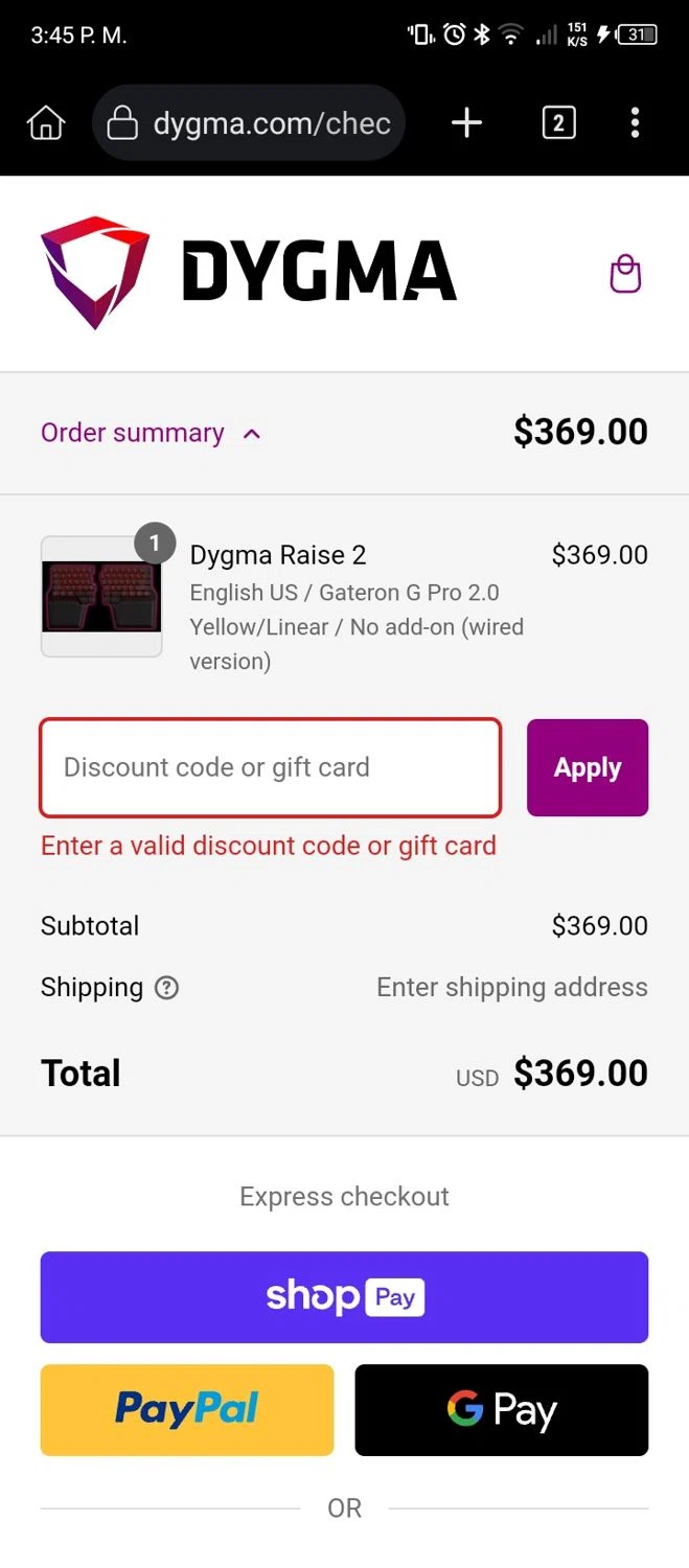 Dygma discount code screenshot showing code VOMBUZ applied at Dygma checkout page. Uploaded by SimplyCodes community member RoyalSleuth5202 on Feb 1, 2025