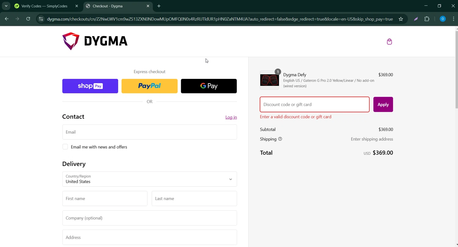 Dygma discount code screenshot showing code VOMBUZ applied at Dygma checkout page. Uploaded by SimplyCodes community member GoldChaser6627 on Feb 26, 2025