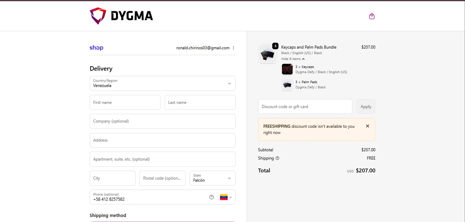 Dygma checkout page showing Dygma discount code box | Screenshot taken by SimplyCodes community member on Feb 8, 2026