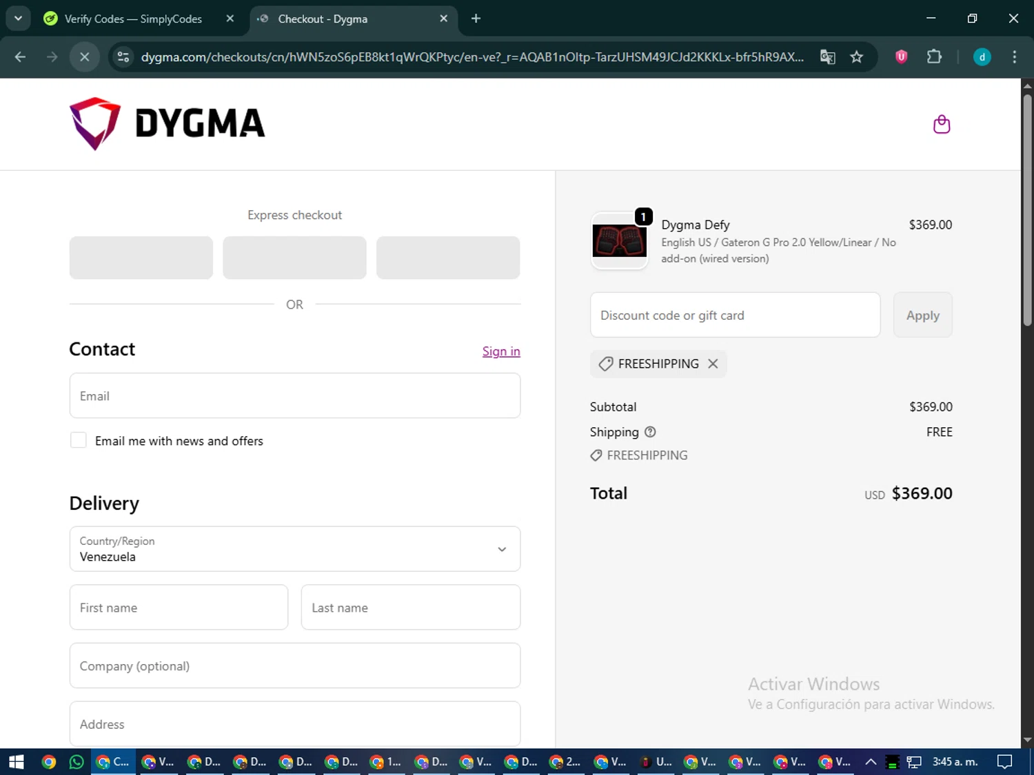Dygma discount code screenshot showing code FREESHIPPING applied at Dygma checkout page. Uploaded by SimplyCodes community member CodeMaverick5767 on Dec 3, 2025