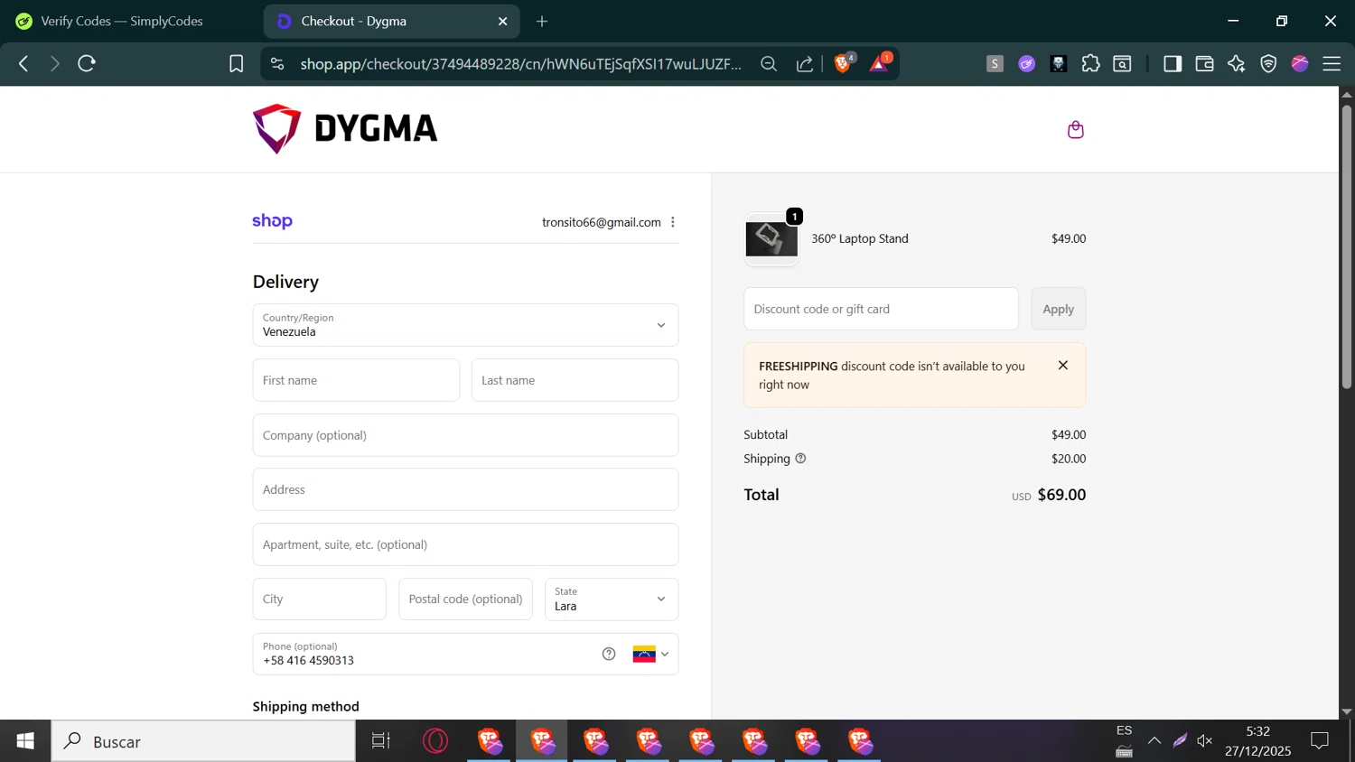 Dygma discount code screenshot showing code FREESHIPPING applied at Dygma checkout page. Uploaded by SimplyCodes community member Jeffersontorrealba on Dec 27, 2025