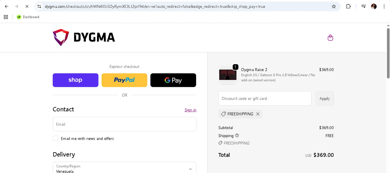 Dygma discount code screenshot showing code FREESHIPPING applied at Dygma checkout page. Uploaded by SimplyCodes community member monicacaraballo on Oct 19, 2025