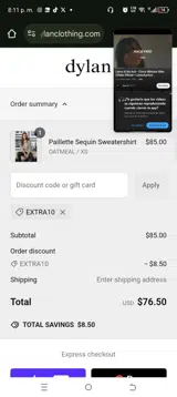 Dylan Clothing coupon verification screenshot