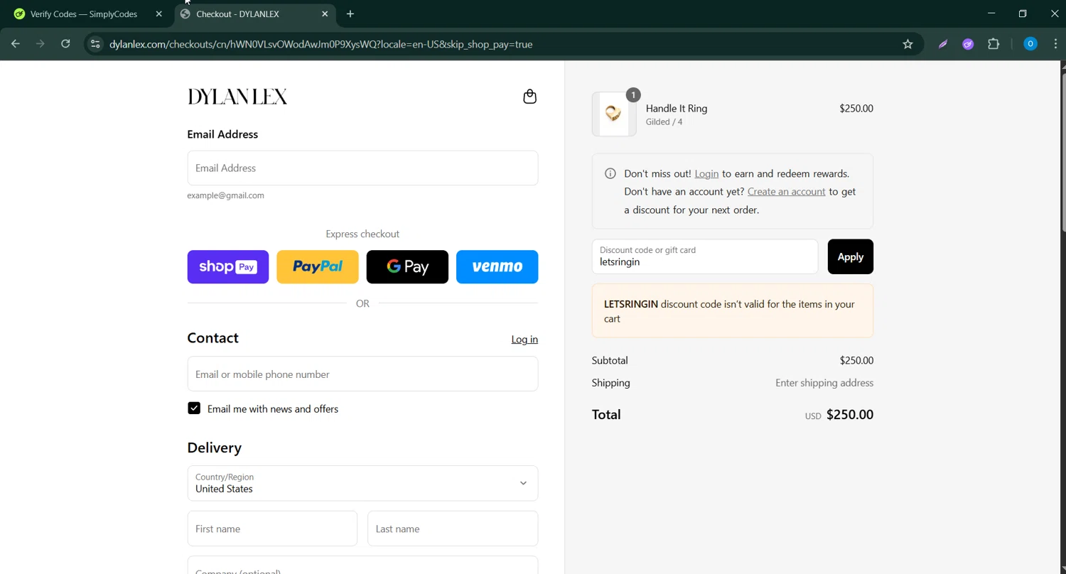 Dylanlex coupon code screenshot showing code letsringin applied at Dylanlex checkout page. Uploaded by SimplyCodes community member CodeScholar4340 on Jul 11, 2025