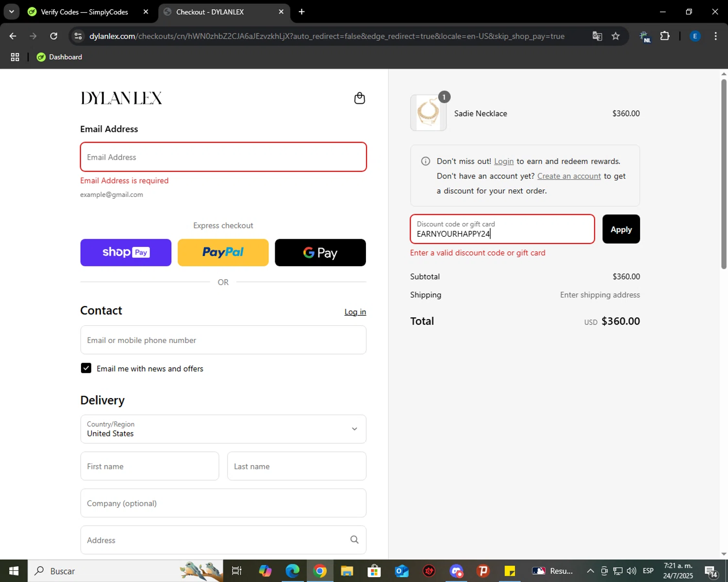 Dylanlex coupon code screenshot showing code EARNYOURHAPPY24 applied at Dylanlex checkout page. Uploaded by SimplyCodes community member GoldSaver5472 on Jul 24, 2025