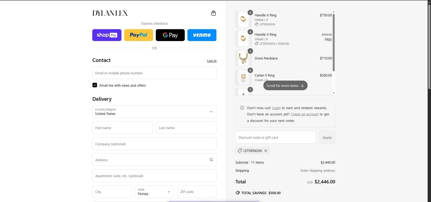 Dylanlex coupon code screenshot showing code LETSRINGIN applied at Dylanlex checkout page. Uploaded by SimplyCodes community member Depressive on Jun 25, 2025