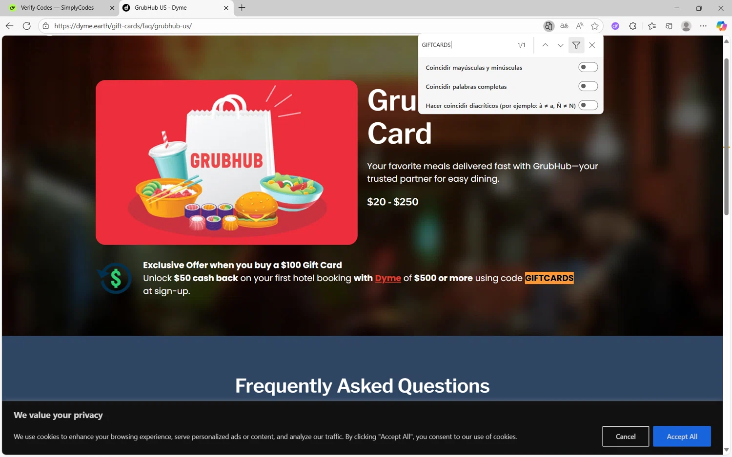 Dyme.Earth promo code screenshot showing code GIFTCARDS applied at Dyme.Earth checkout page. Uploaded by SimplyCodes community member juan1702 on Oct 8, 2025