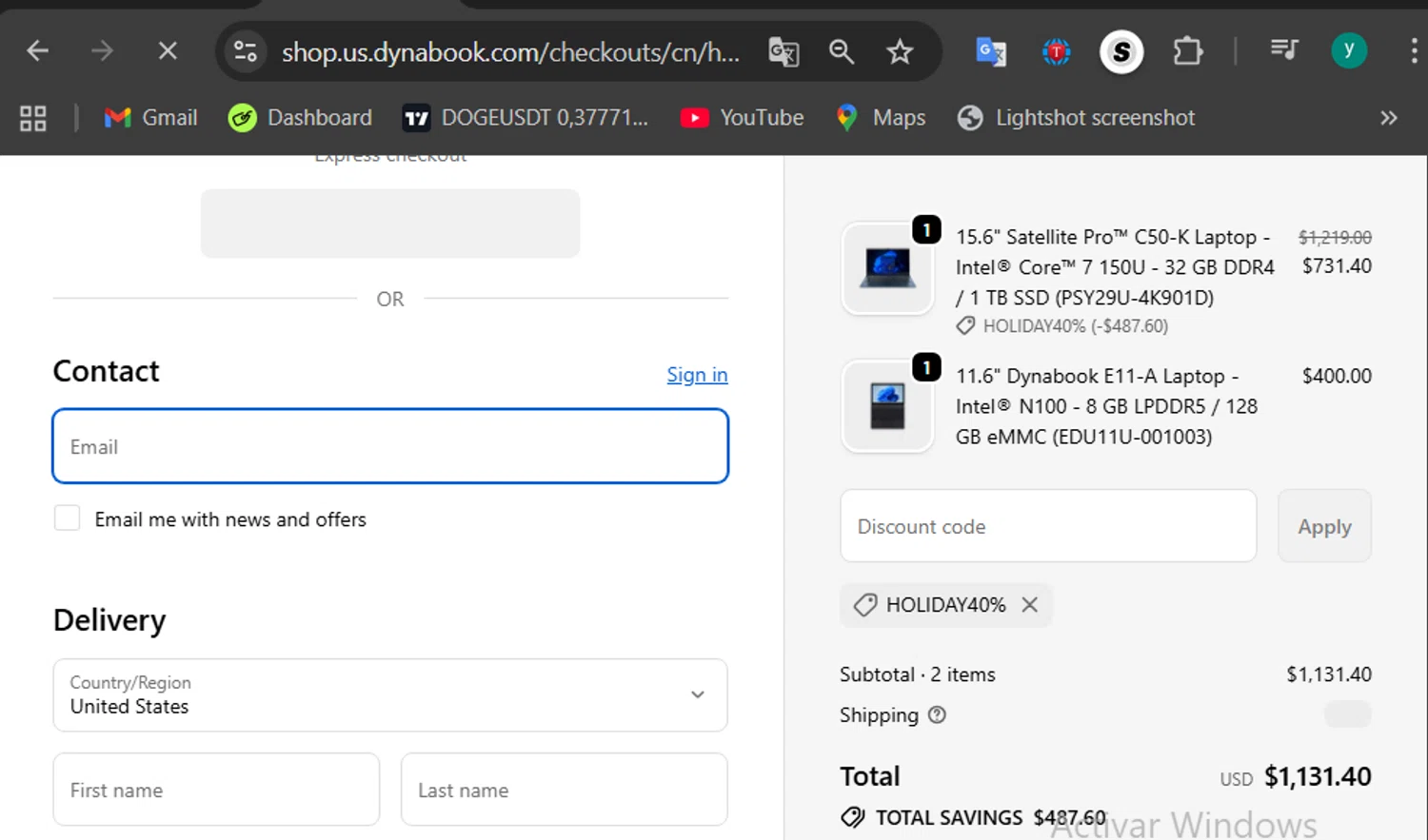 Dynabook US promo code screenshot showing code HOLIDAY40% applied at Dynabook US checkout page. Uploaded by SimplyCodes community member 502312 on Dec 3, 2025