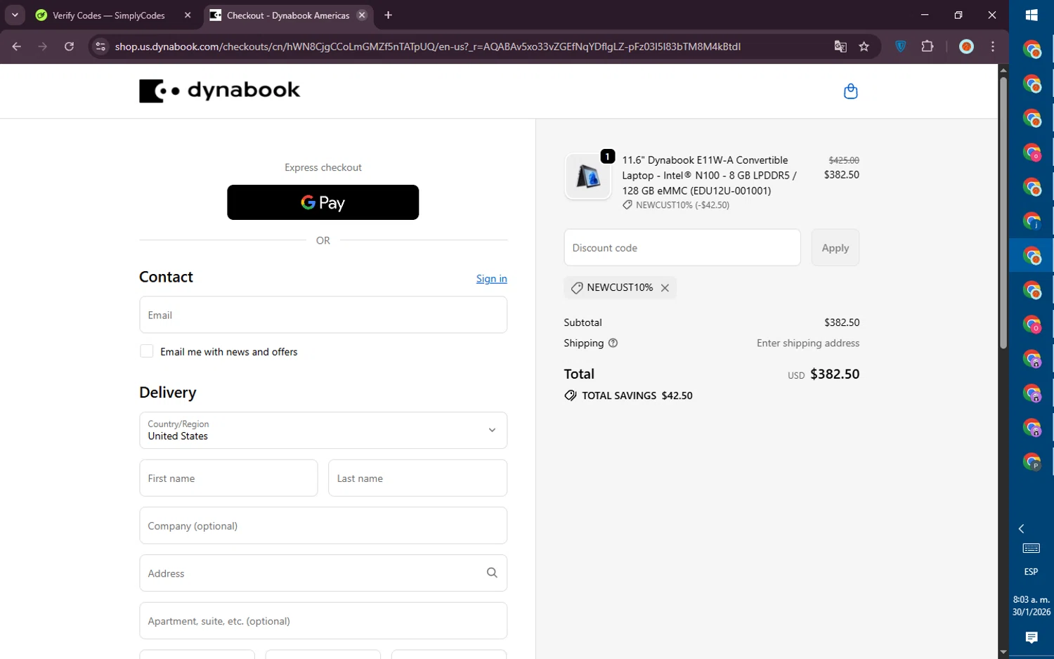 Dynabook US checkout page showing Dynabook US promo code box | Screenshot taken by SimplyCodes community member on Jan 30, 2026
