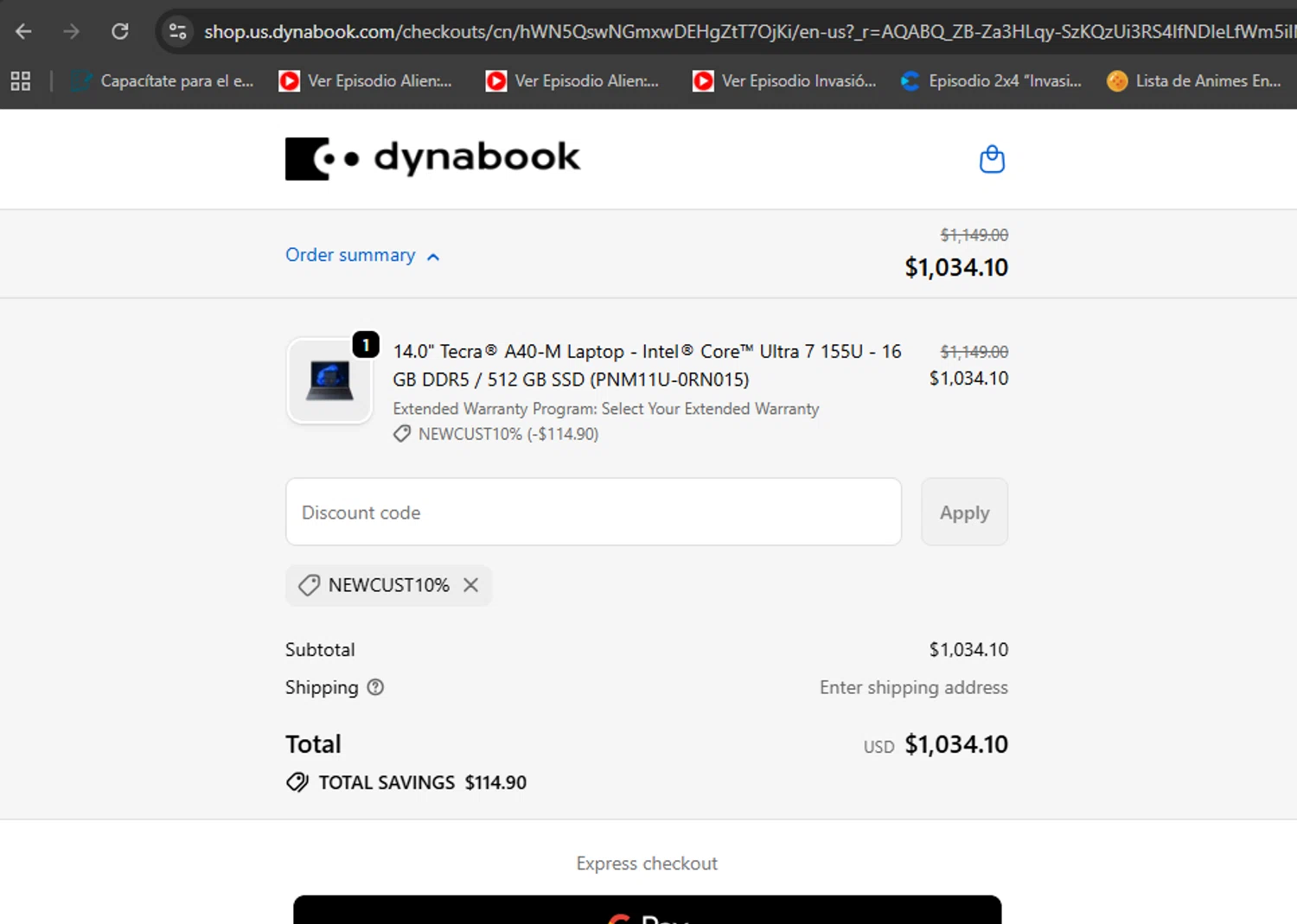 Dynabook US promo code screenshot showing code NEWCUST10% applied at Dynabook US checkout page. Uploaded by SimplyCodes community member eduardolopez on Nov 18, 2025