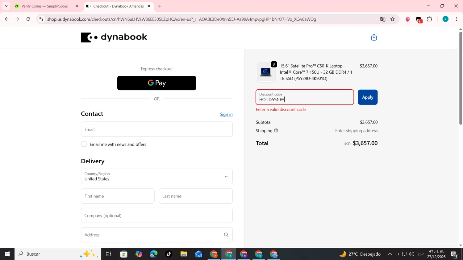 Dynabook US promo code screenshot showing code HOLIDAY40% applied at Dynabook US checkout page. Uploaded by SimplyCodes community member codygakpo on Dec 27, 2025