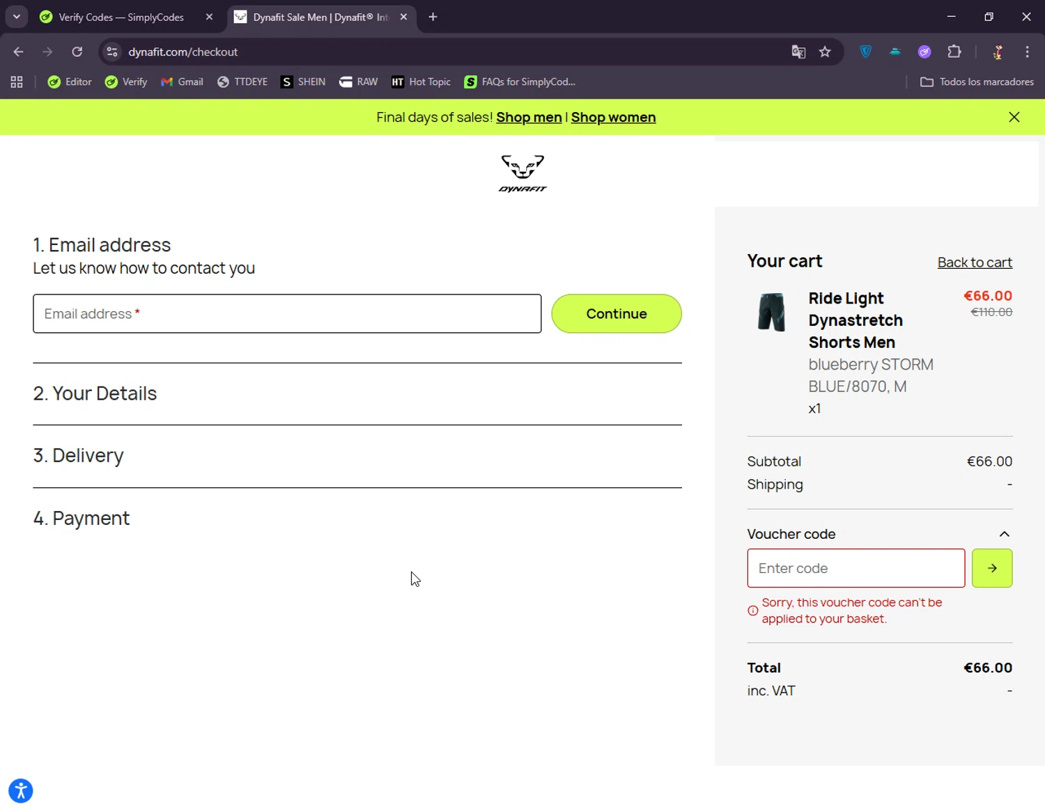 Dynafit discount code screenshot showing code ZWDUK-DYN-0021 applied at Dynafit checkout page. Uploaded by SimplyCodes community member DonGato on Aug 29, 2025