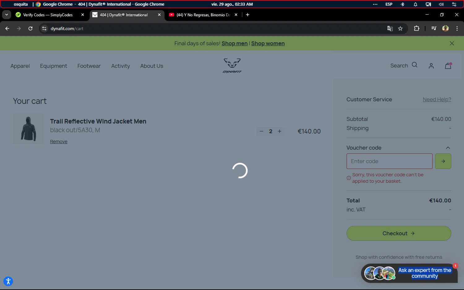 Dynafit discount code screenshot showing code ZWDUK-DYN-0021 applied at Dynafit checkout page. Uploaded by SimplyCodes community member Tralalelo on Aug 29, 2025
