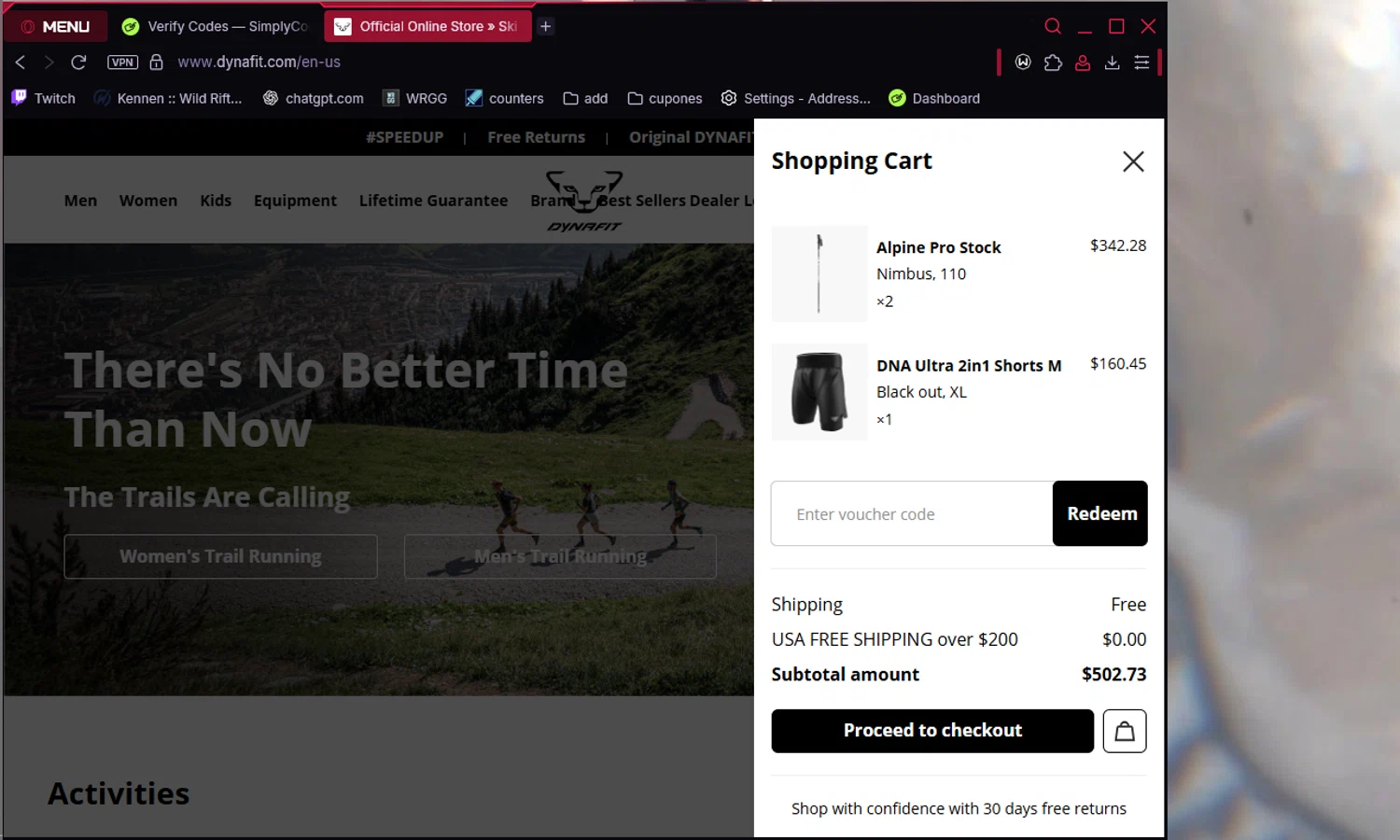 Dynafit checkout page showing Dynafit discount code box | Screenshot taken by SimplyCodes community member on Aug 18, 2025