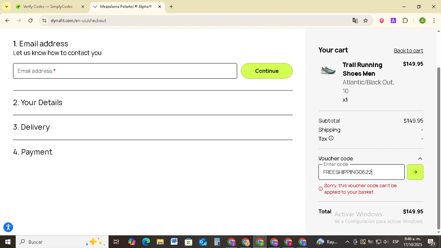 Dynafit discount code screenshot showing code FREESHIPPING0622 applied at Dynafit checkout page. Uploaded by SimplyCodes community member SavingsSentinel833 on Oct 17, 2025