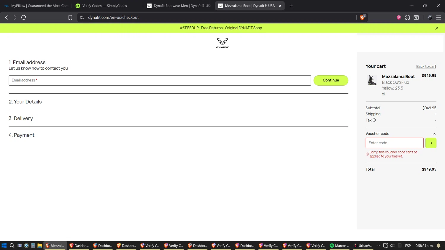 Dynafit discount code screenshot showing code FREESHIPPING0622 applied at Dynafit checkout page. Uploaded by SimplyCodes community member SimplyGOAT on Oct 17, 2025