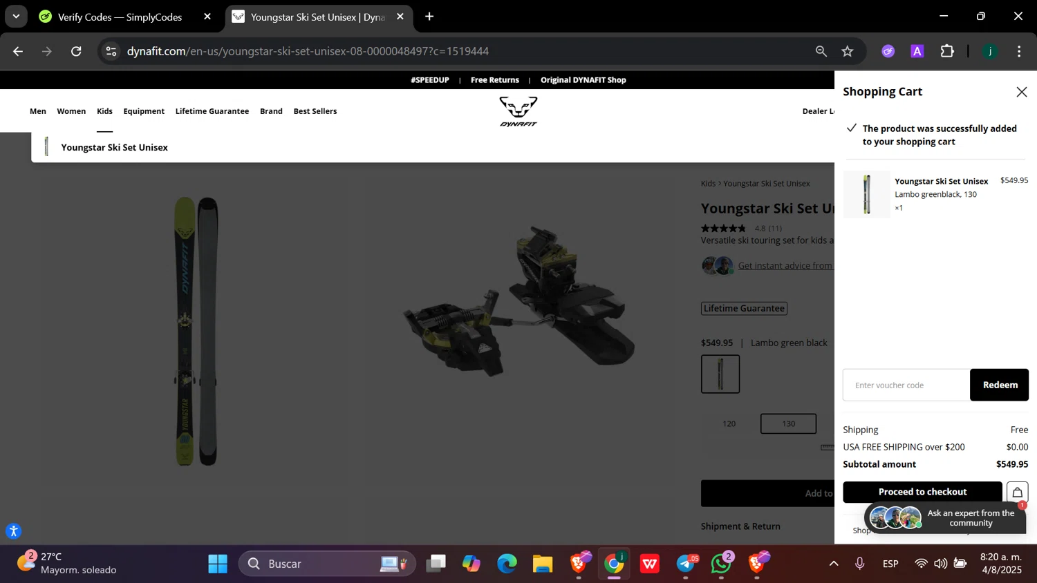 Dynafit checkout page showing Dynafit discount code box | Screenshot taken by SimplyCodes community member on Aug 4, 2025