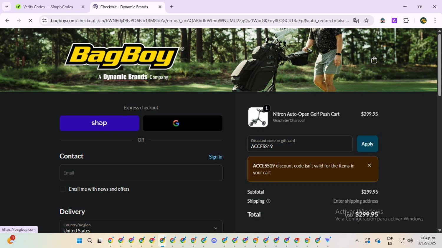 Dynamic Brands promo code screenshot showing code ACCESS19 applied at Dynamic Brands checkout page. Uploaded by SimplyCodes community member RewardNavigator9728 on Dec 3, 2025