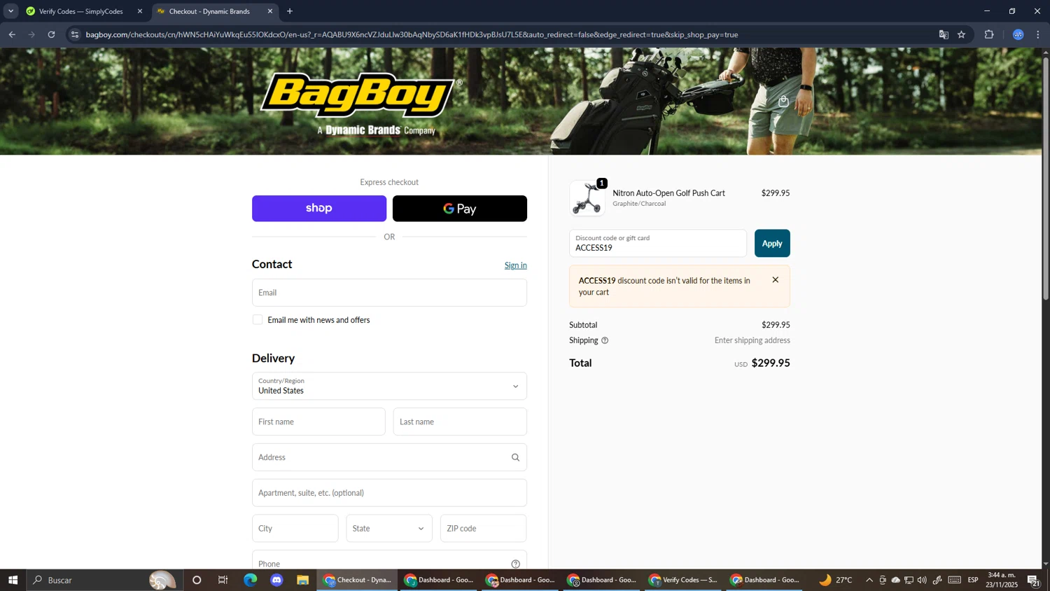 Dynamic Brands promo code screenshot showing code ACCESS19 applied at Dynamic Brands checkout page. Uploaded by SimplyCodes community member RoyalExpert3857 on Nov 23, 2025