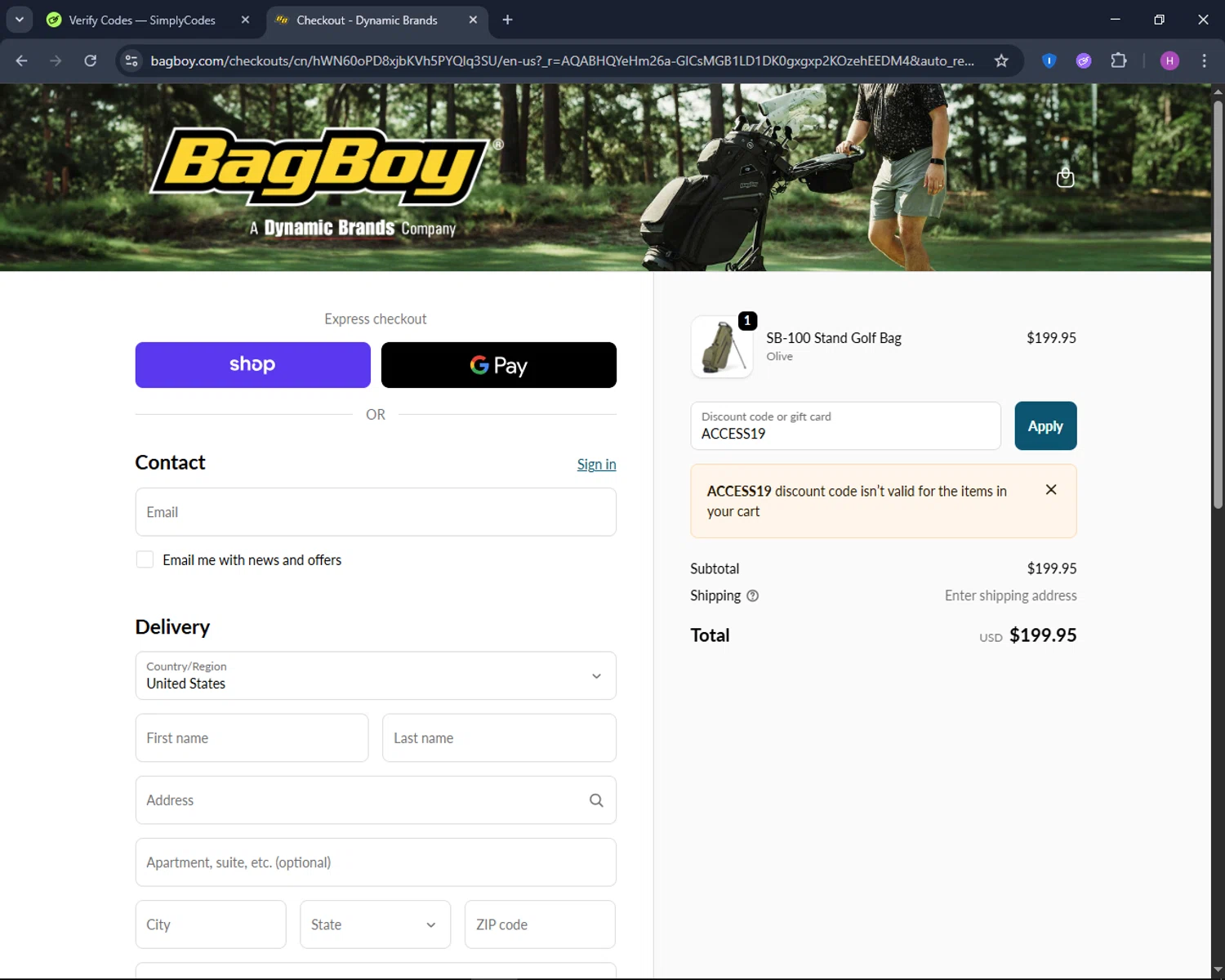 Dynamic Brands promo code screenshot showing code ACCESS19 applied at Dynamic Brands checkout page. Uploaded by SimplyCodes community member TokenNavigator6891 on Dec 3, 2025