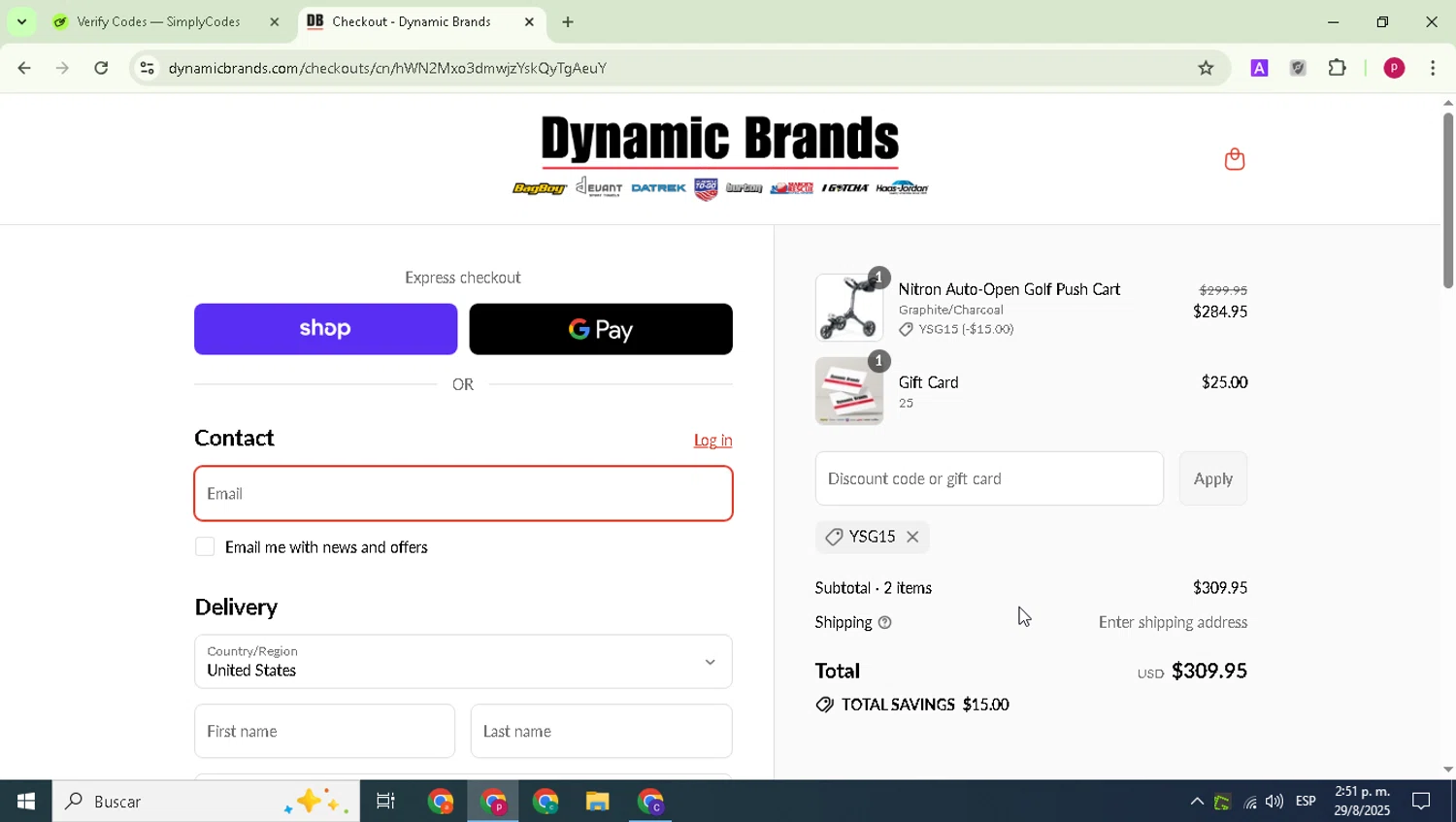 Dynamic Brands promo code screenshot showing code YSG15 applied at Dynamic Brands checkout page. Uploaded by SimplyCodes community member Paul_Skenes on Aug 29, 2025