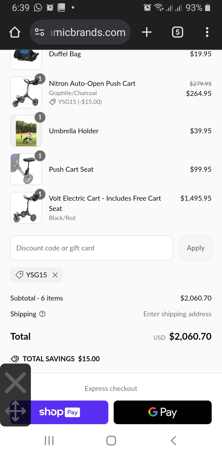Dynamic Brands promo code screenshot showing code YSG15 applied at Dynamic Brands checkout page. Uploaded by SimplyCodes community member TreasureLynx6841 on Mar 11, 2025
