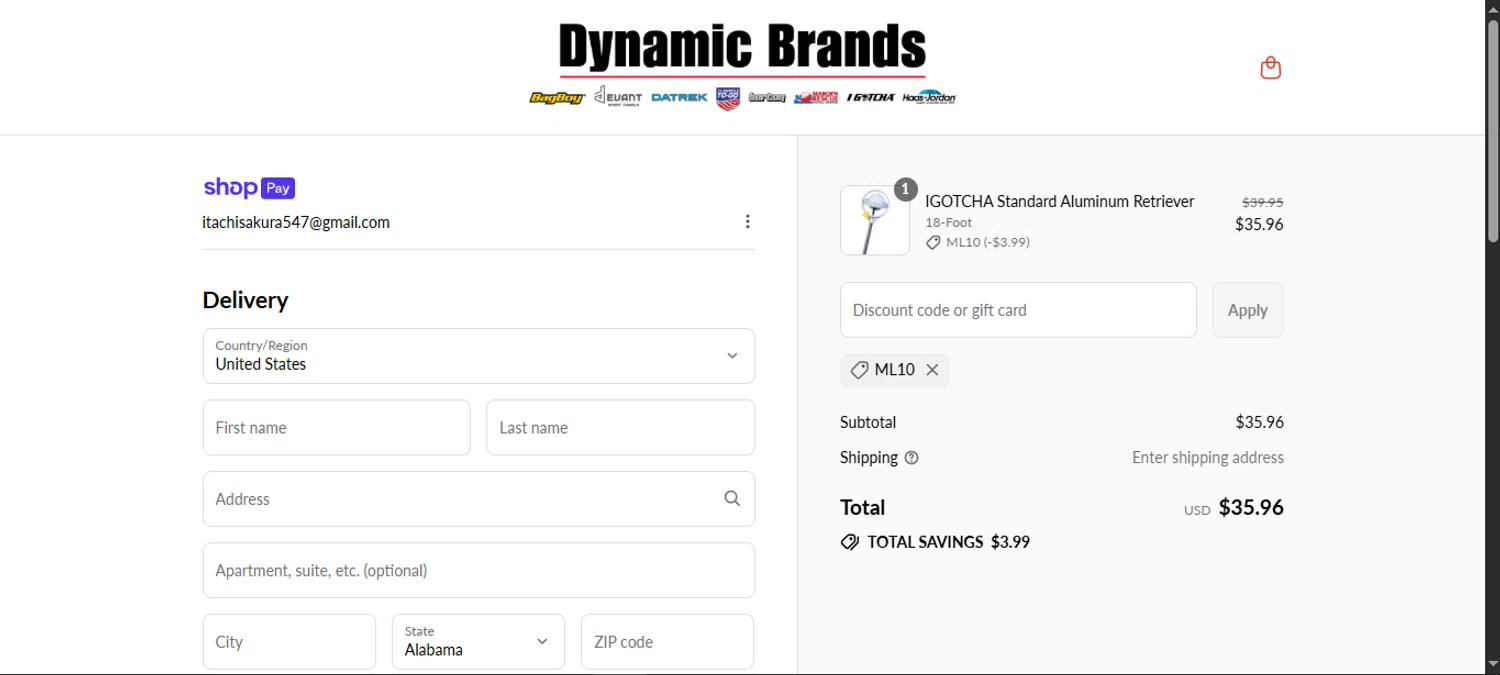 Dynamic Brands promo code screenshot showing code ML10 applied at Dynamic Brands checkout page. Uploaded by SimplyCodes community member noworries on Jul 13, 2025